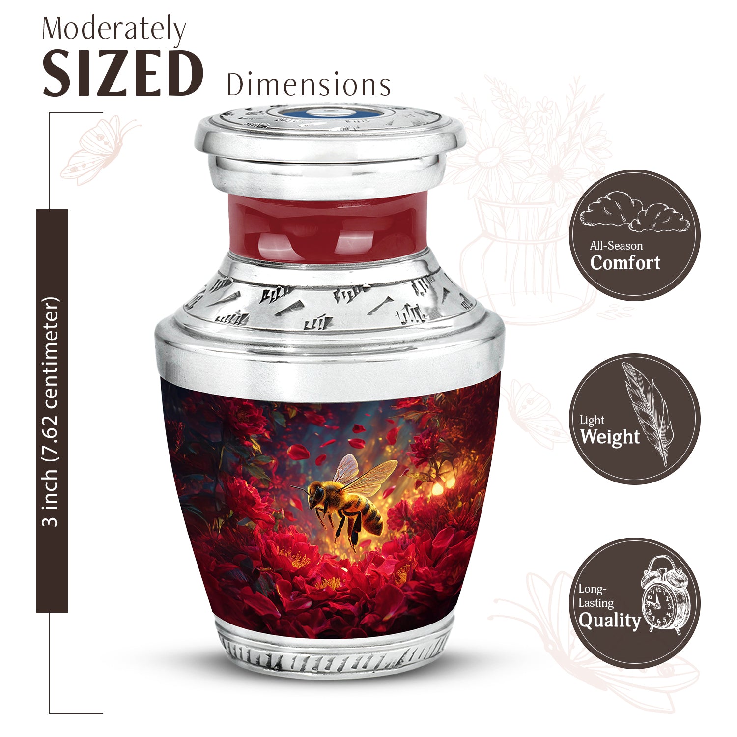 Peony Pink Bee Cremation Urn top-down view of secure threaded lid - modern art-inspired bee motif on sleek aluminum - mini keepsake memorial for portion of cremation ashes