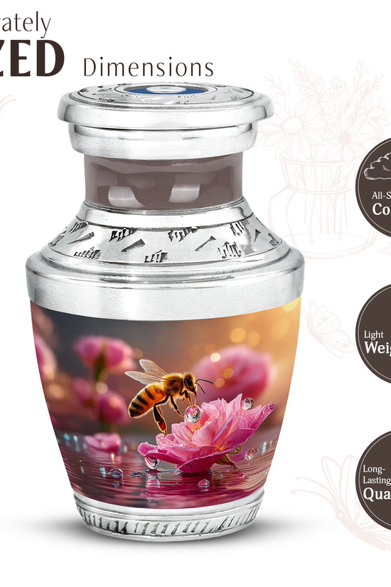 Royal Gold Bee Cremation Urn top-down view of secure threaded lid - stylized abstract bee pattern with bold lines - mini keepsake memorial for portion of cremation ashes