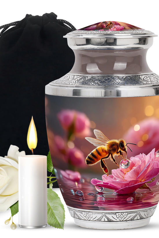 Antique Gold Bee Cremation Urn side profile showing urn shape - modern art-inspired bee motif on sleek aluminum - full-size 10 inch 200 cubic inch adult cremation urn
