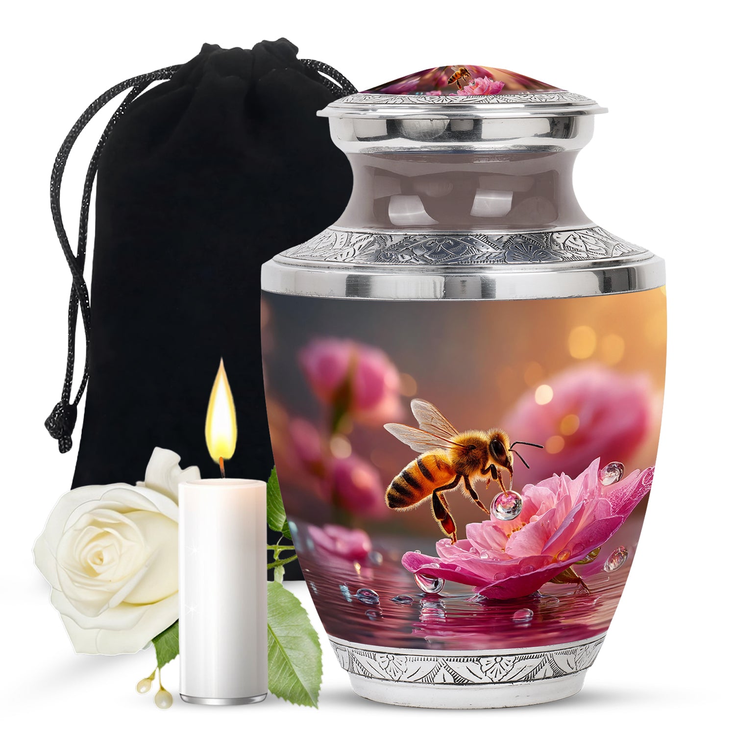 Antique Gold Bee Cremation Urn side profile showing urn shape - modern art-inspired bee motif on sleek aluminum - full-size 10 inch 200 cubic inch adult cremation urn