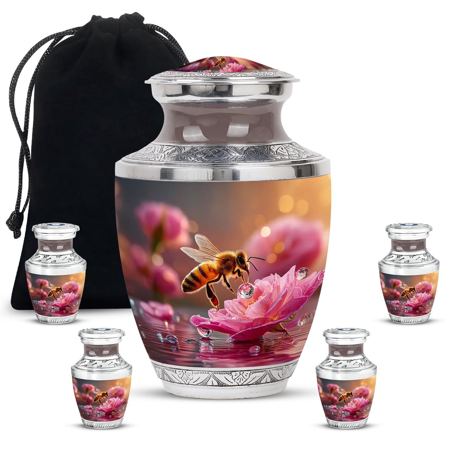 Gilded Gold Bee Cremation Urn lifestyle display on memorial shelf - contemporary bee design with modern artistic flair - memorial set with one large and four small urns