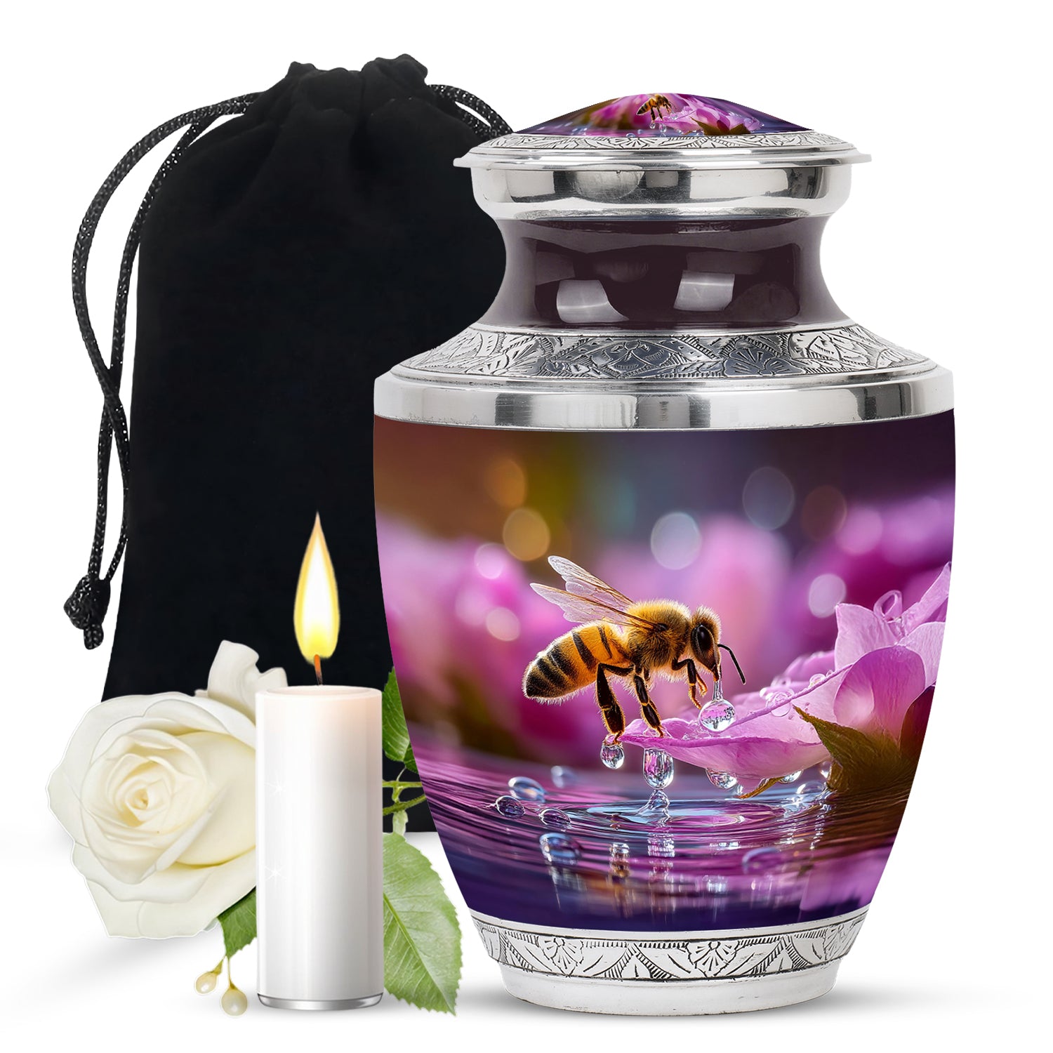 Fiery Red Bee Cremation Urn side profile showing urn shape - stylized abstract bee pattern with bold lines - full-size 10 inch 200 cubic inch adult cremation urn