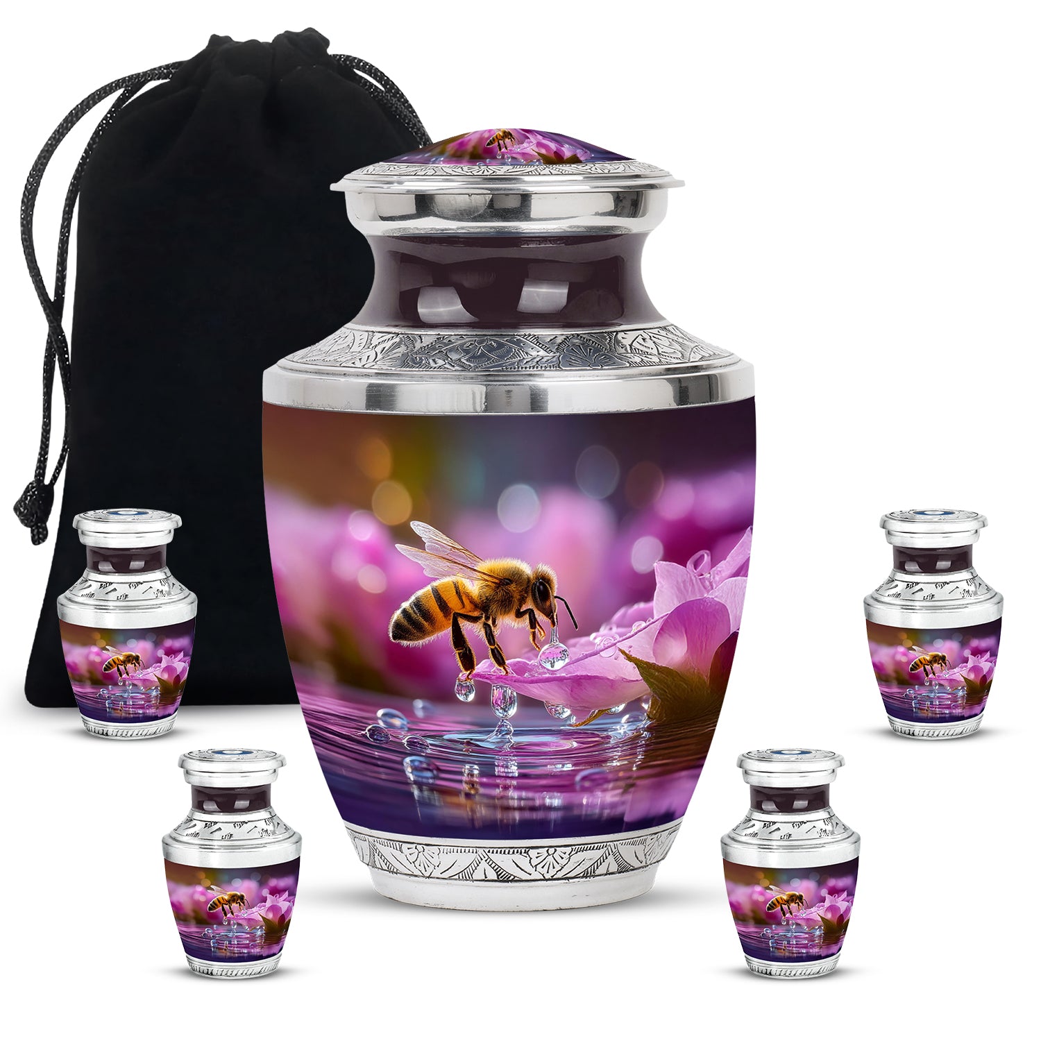 Deep Red Bee Cremation Urn lifestyle display on memorial shelf - contemporary bee design with modern artistic flair - memorial set with one large and four small urns
