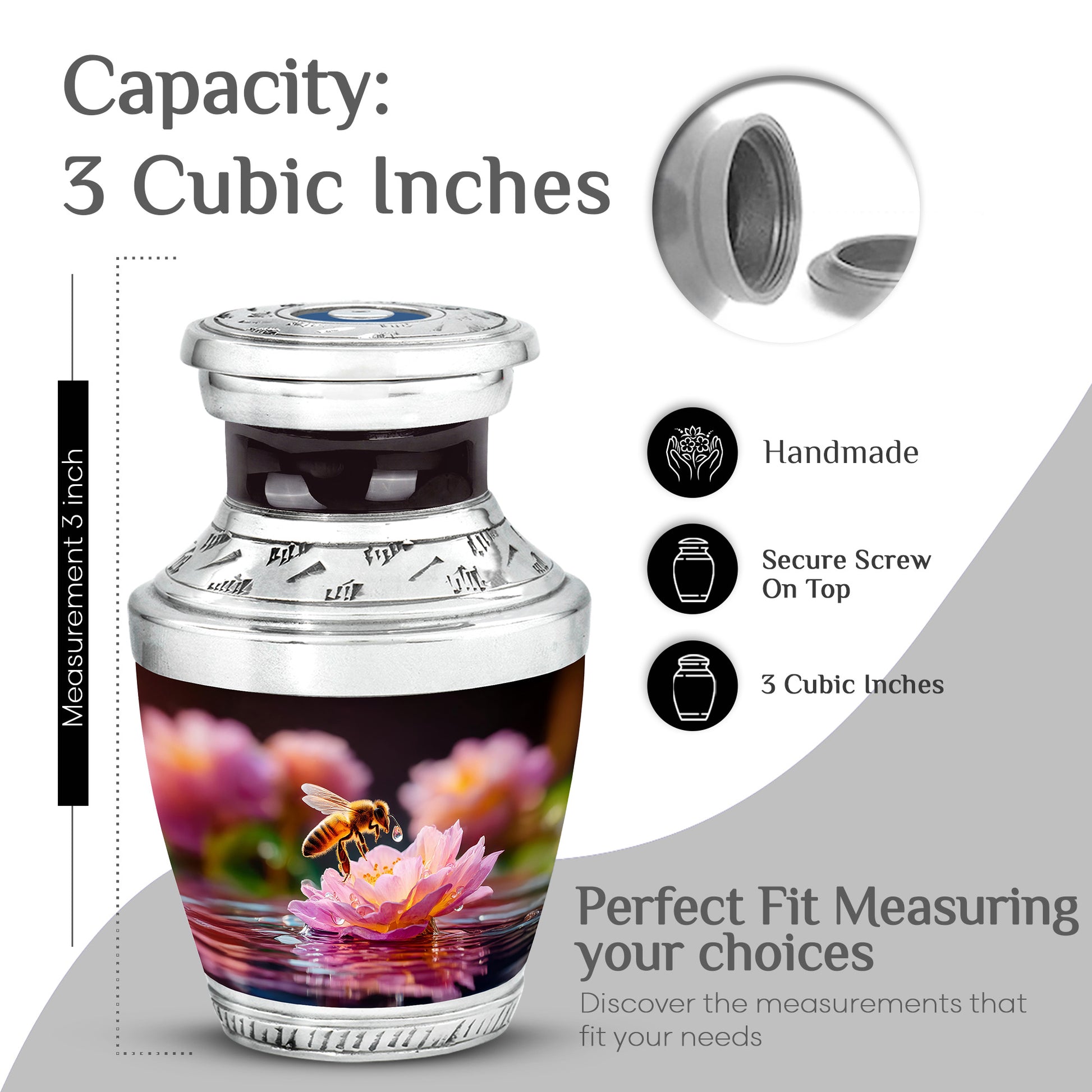 Glossy Black Bee Cremation Urn top-down view of secure threaded lid - contemporary bee design with modern artistic flair - mini keepsake memorial for portion of cremation ashes