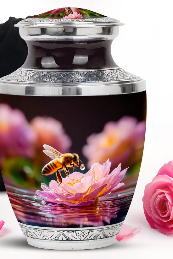 Ebony Bee Cremation Urn side profile showing urn shape - modern art-inspired bee motif on sleek aluminum - full-size 10 inch 200 cubic inch adult cremation urn