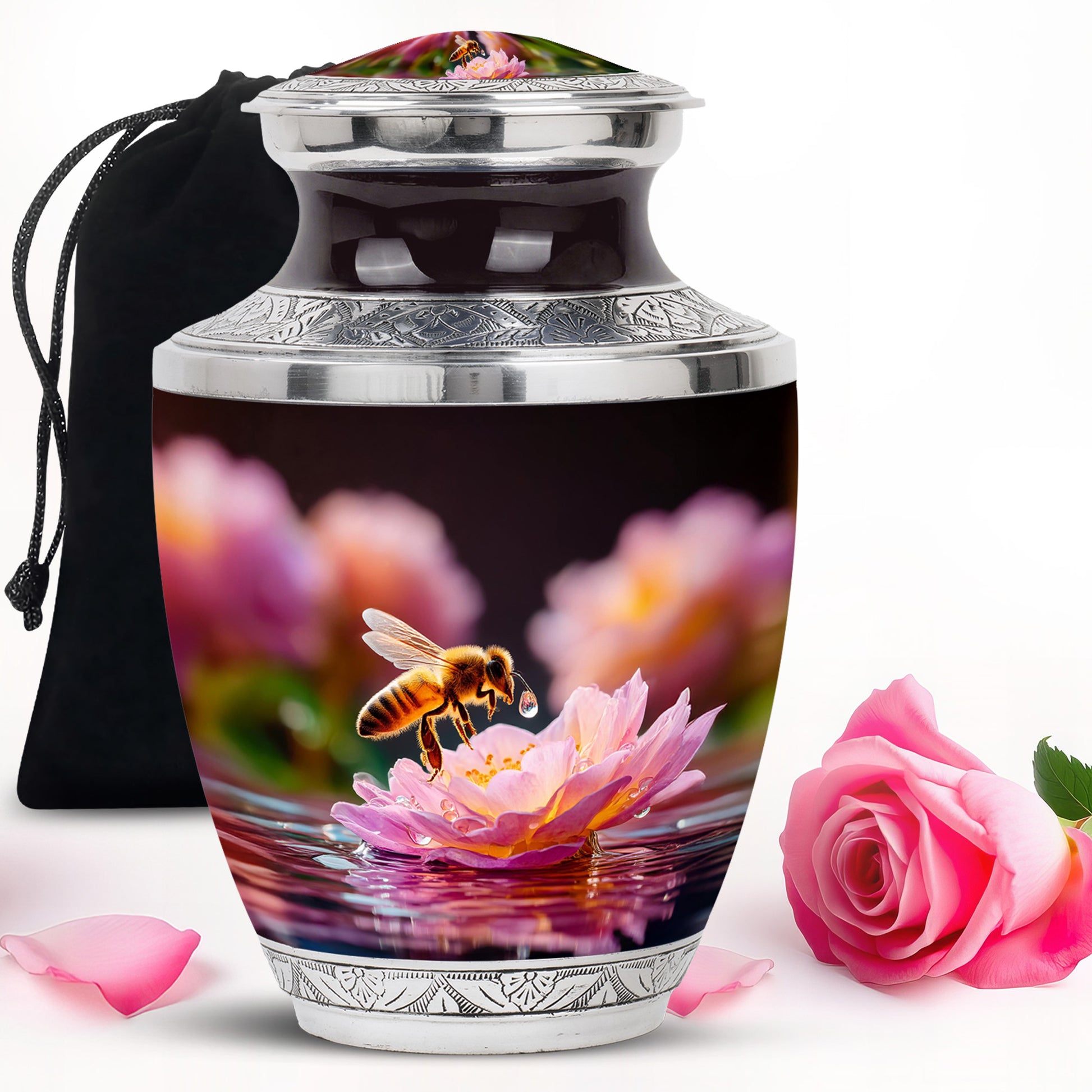 Ebony Bee Cremation Urn side profile showing urn shape - modern art-inspired bee motif on sleek aluminum - full-size 10 inch 200 cubic inch adult cremation urn