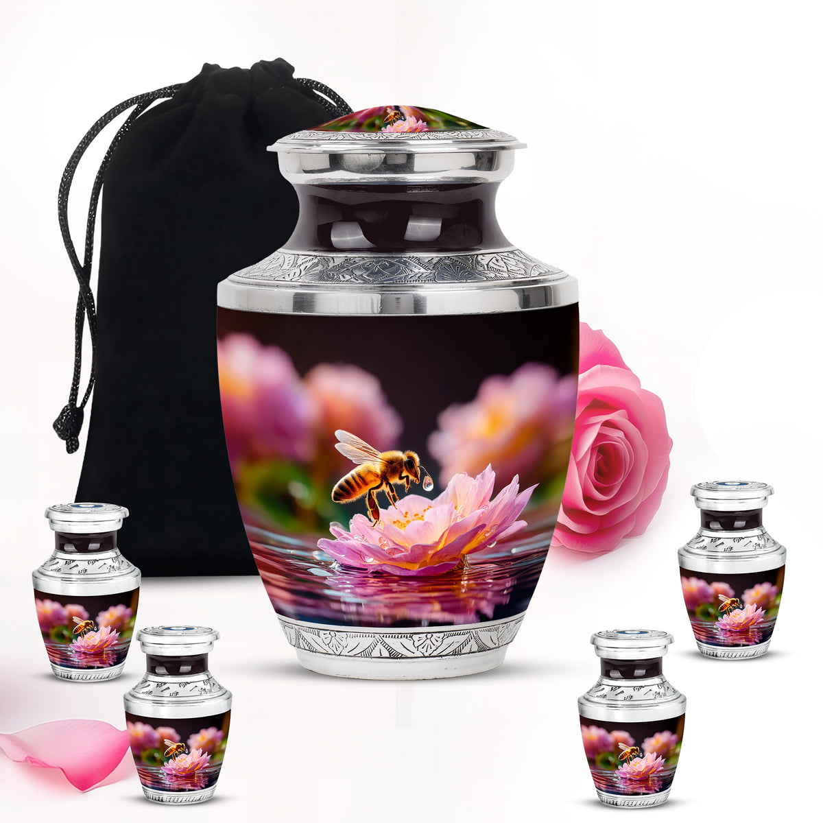 Glossy Black Bee Cremation Urn lifestyle display on memorial shelf - contemporary bee design with modern artistic flair - memorial set with one large and four small urns