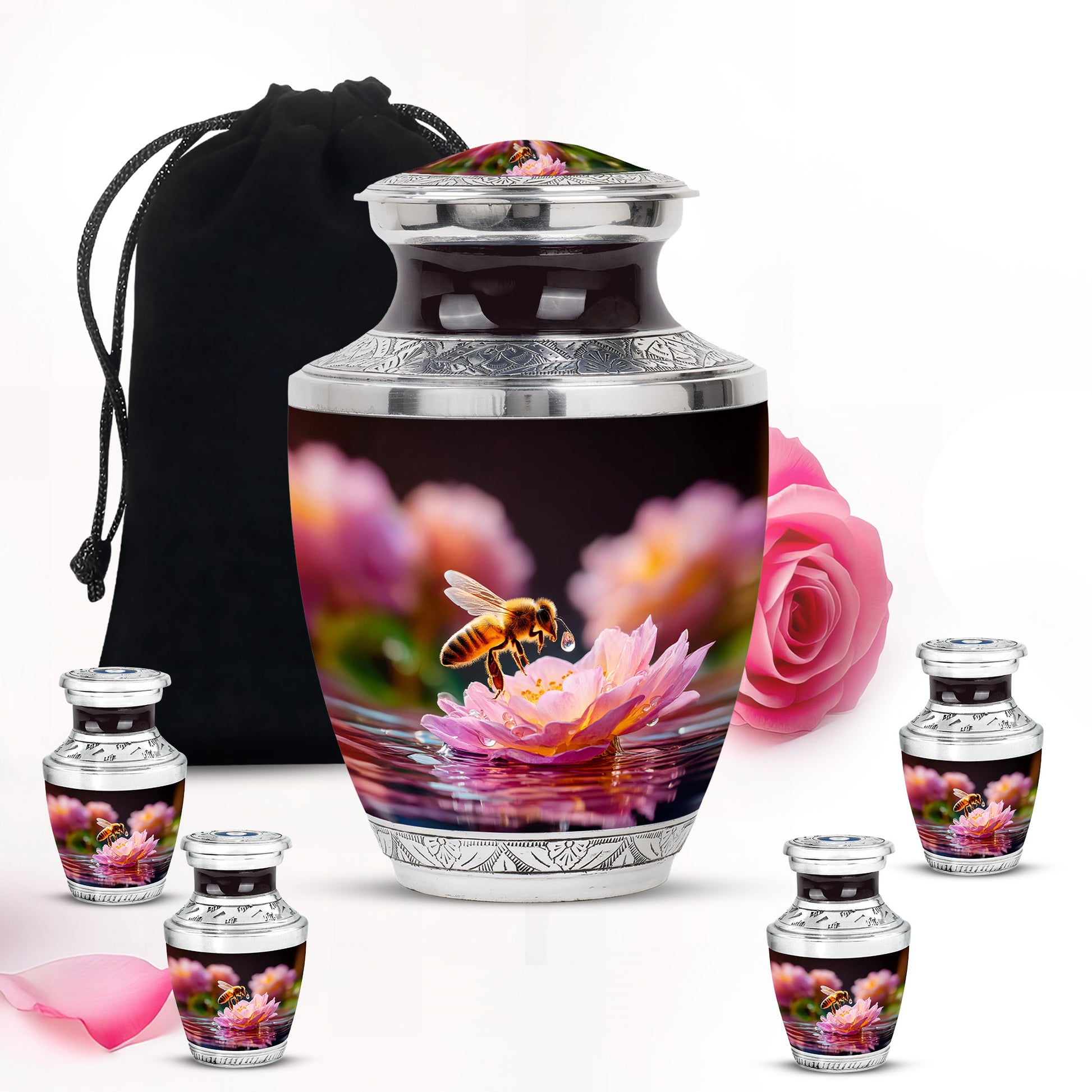 Glossy Black Bee Cremation Urn lifestyle display on memorial shelf - contemporary bee design with modern artistic flair - memorial set with one large and four small urns