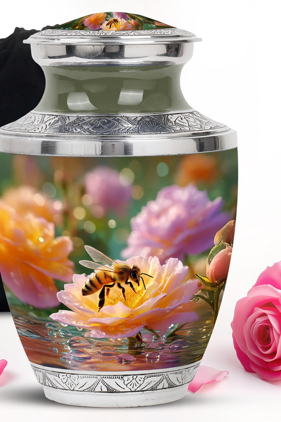 Warm Gold Bee Cremation Urn side profile showing urn shape - stylized abstract bee pattern with bold lines - full-size 10 inch 200 cubic inch adult cremation urn