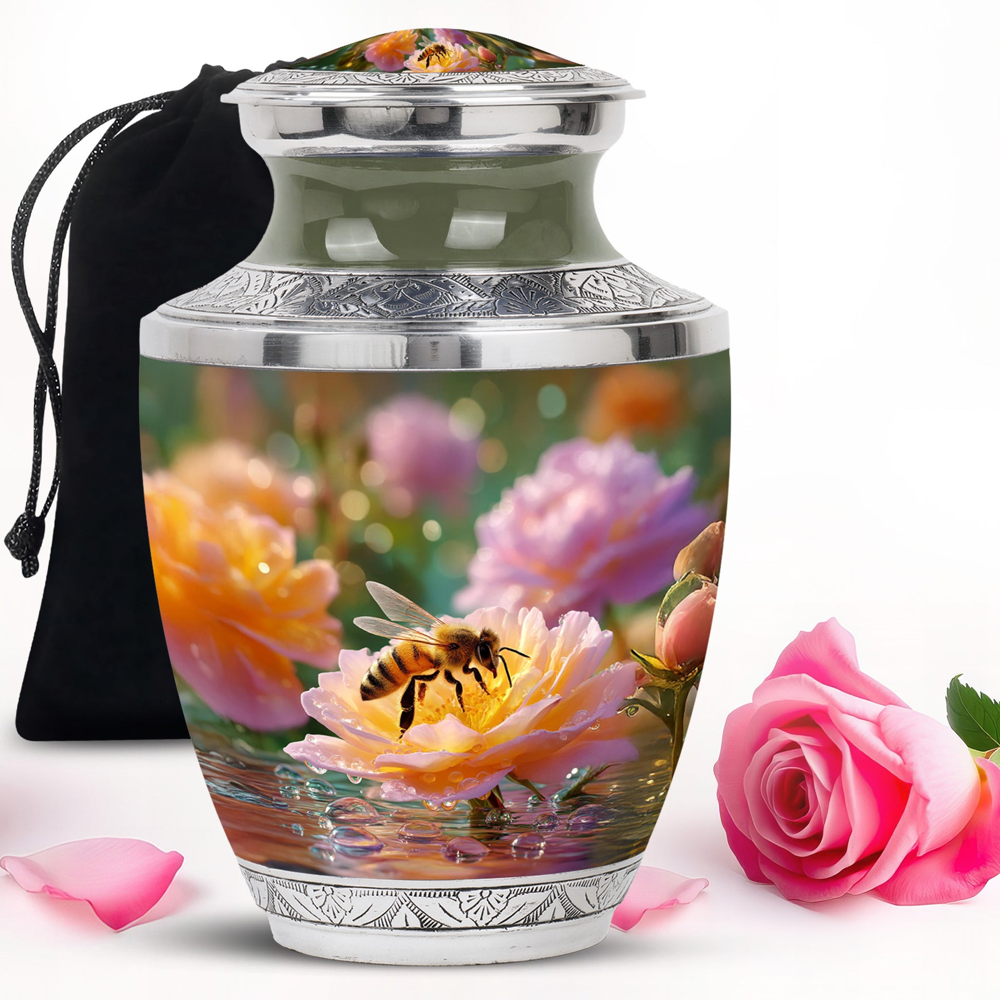 Warm Gold Bee Cremation Urn side profile showing urn shape - stylized abstract bee pattern with bold lines - full-size 10 inch 200 cubic inch adult cremation urn