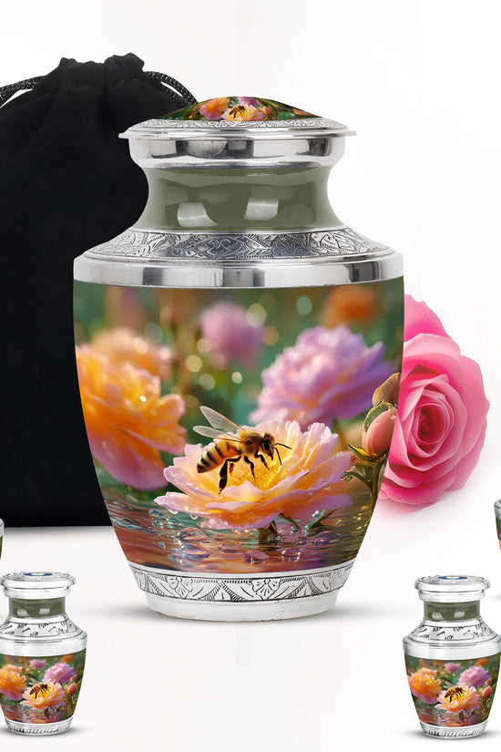 Gilded Gold Bee Cremation Urn lifestyle display on memorial shelf - contemporary bee design with modern artistic flair - memorial set with one large and four small urns