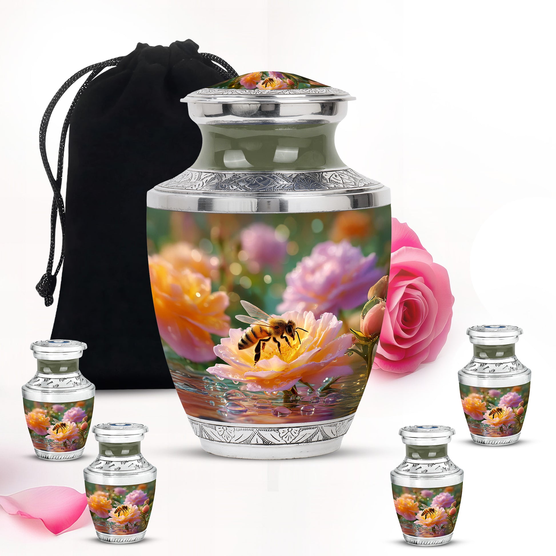 Gilded Gold Bee Cremation Urn lifestyle display on memorial shelf - contemporary bee design with modern artistic flair - memorial set with one large and four small urns