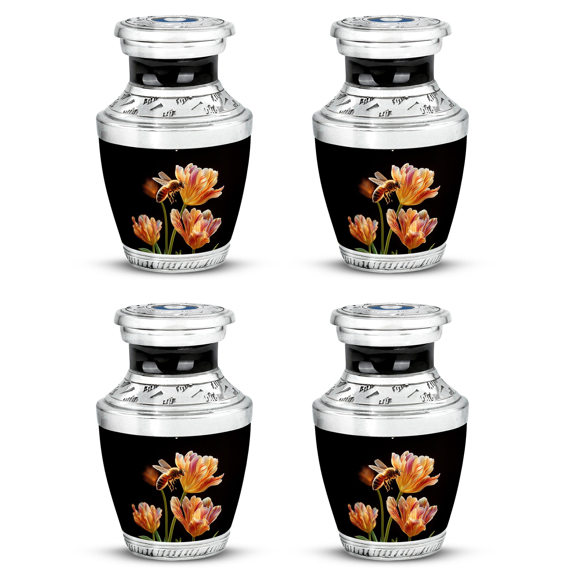Glossy Black Bee Cremation Urn back view with polished surface - modern art-inspired bee motif on sleek aluminum - 10 inch aluminum urn for cremated remains