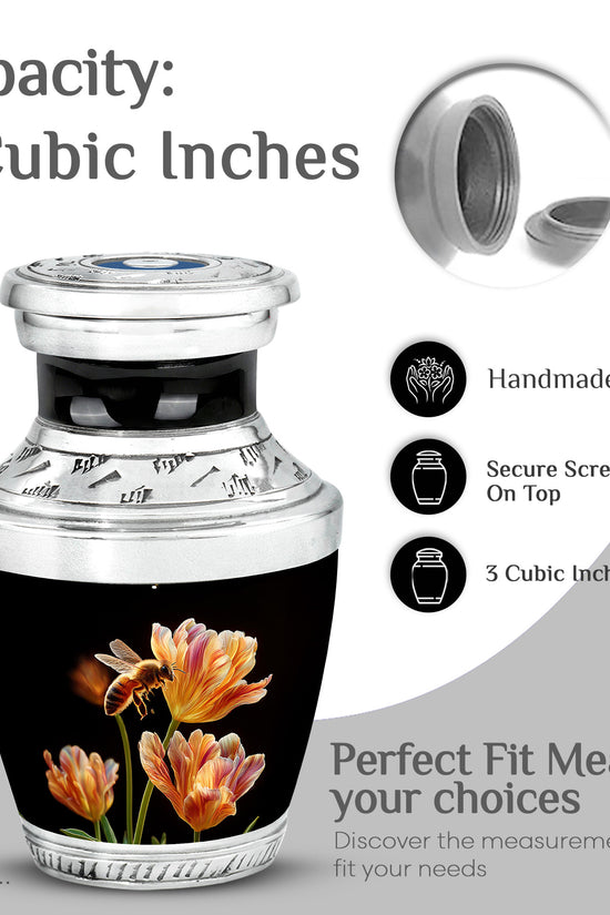 Jet Black Bee Cremation Urn top-down view of secure threaded lid - modern art-inspired bee motif on sleek aluminum - mini keepsake memorial for portion of cremation ashes