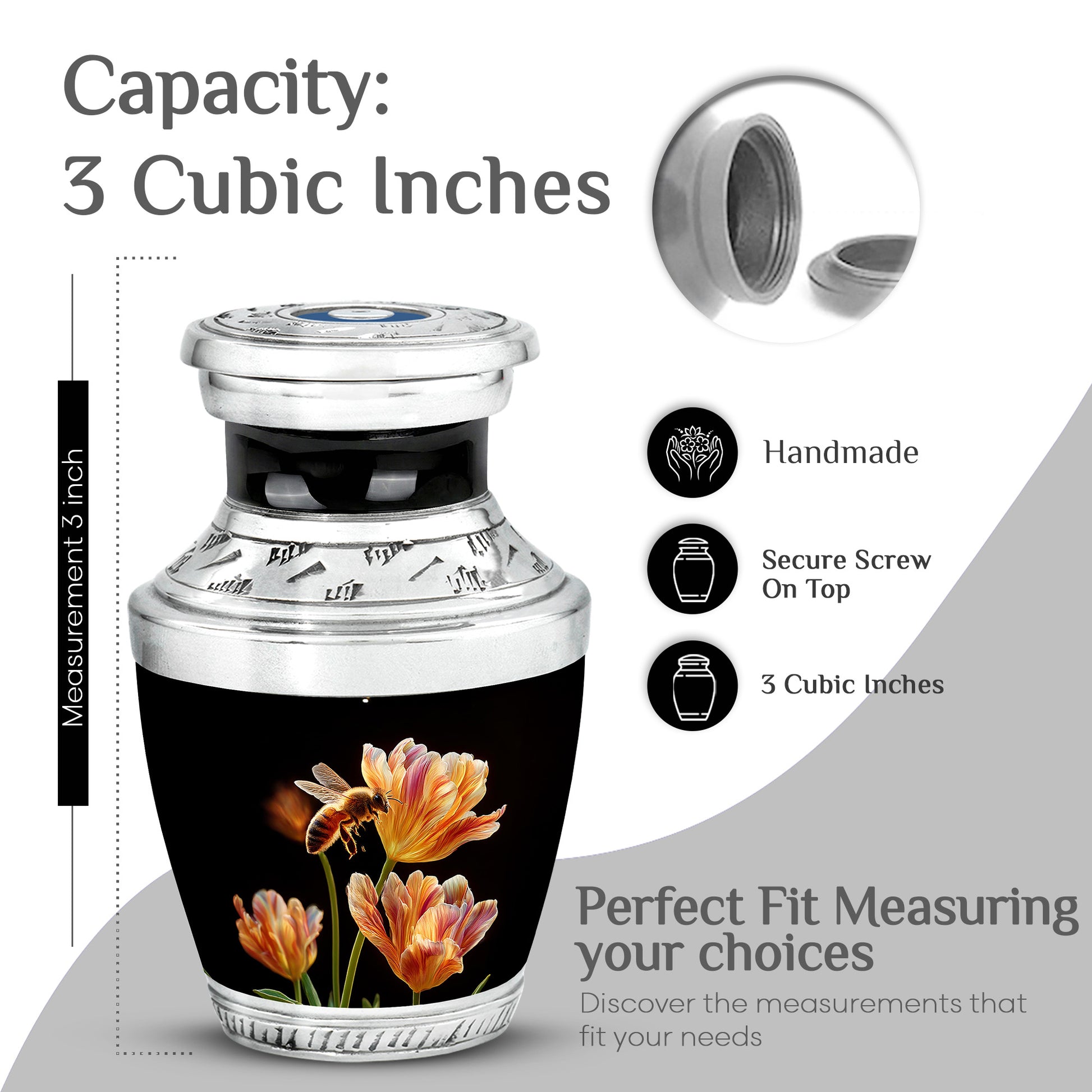 Jet Black Bee Cremation Urn top-down view of secure threaded lid - modern art-inspired bee motif on sleek aluminum - mini keepsake memorial for portion of cremation ashes