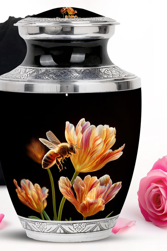 Glossy Black Bee Cremation Urn side profile showing urn shape - contemporary bee design with modern artistic flair - full-size 10 inch 200 cubic inch adult cremation urn