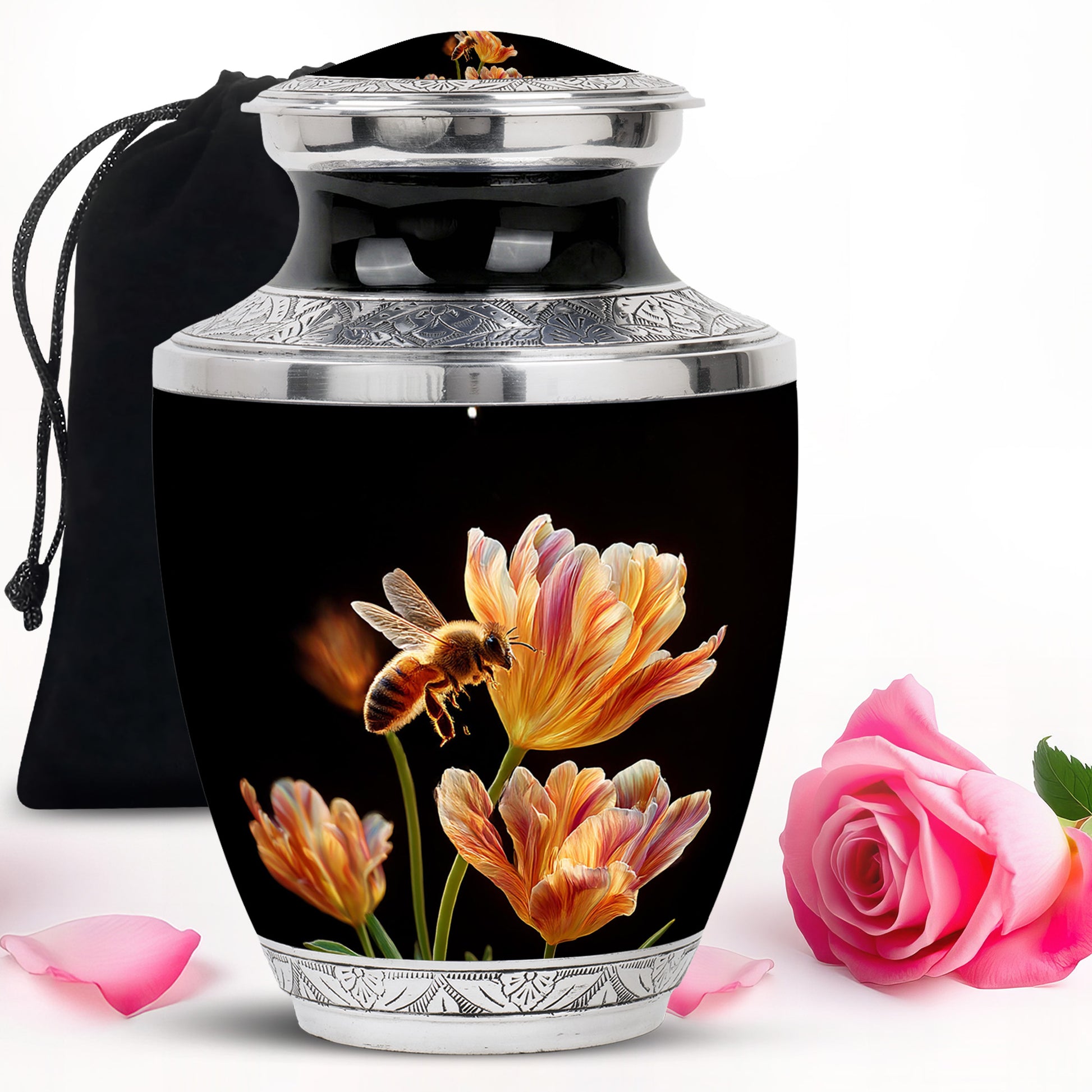 Glossy Black Bee Cremation Urn side profile showing urn shape - contemporary bee design with modern artistic flair - full-size 10 inch 200 cubic inch adult cremation urn