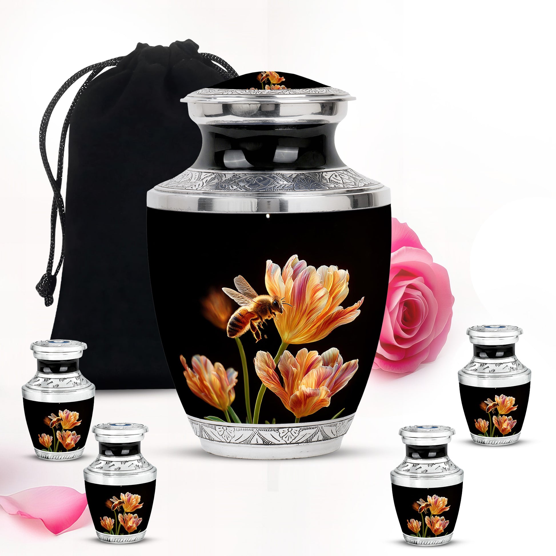 Dark Black Bee Cremation Urn lifestyle display on memorial shelf - stylized abstract bee pattern with bold lines - memorial set with one large and four small urns