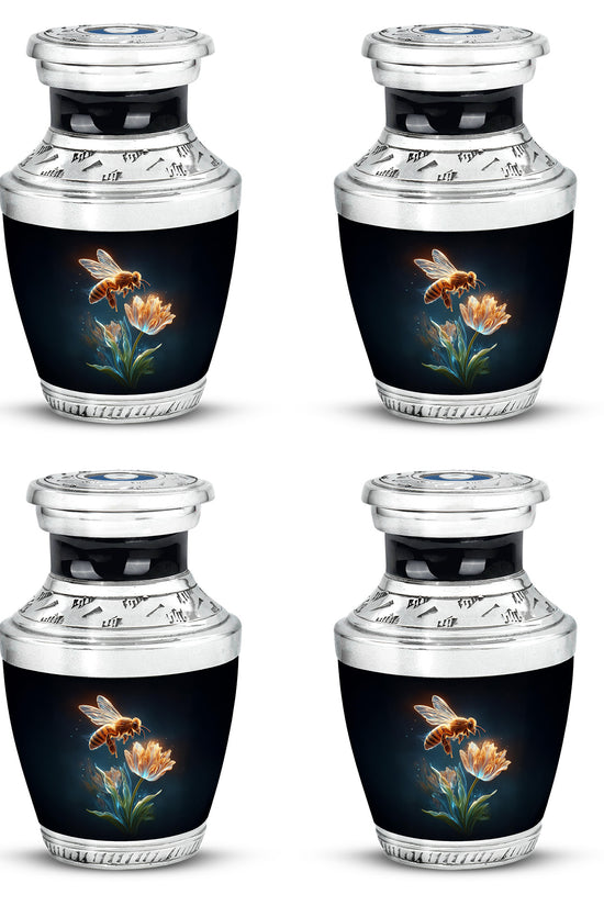 Rich Black Bee Cremation Urn back view with polished surface - contemporary bee design with modern artistic flair - 10 inch aluminum urn for cremated remains
