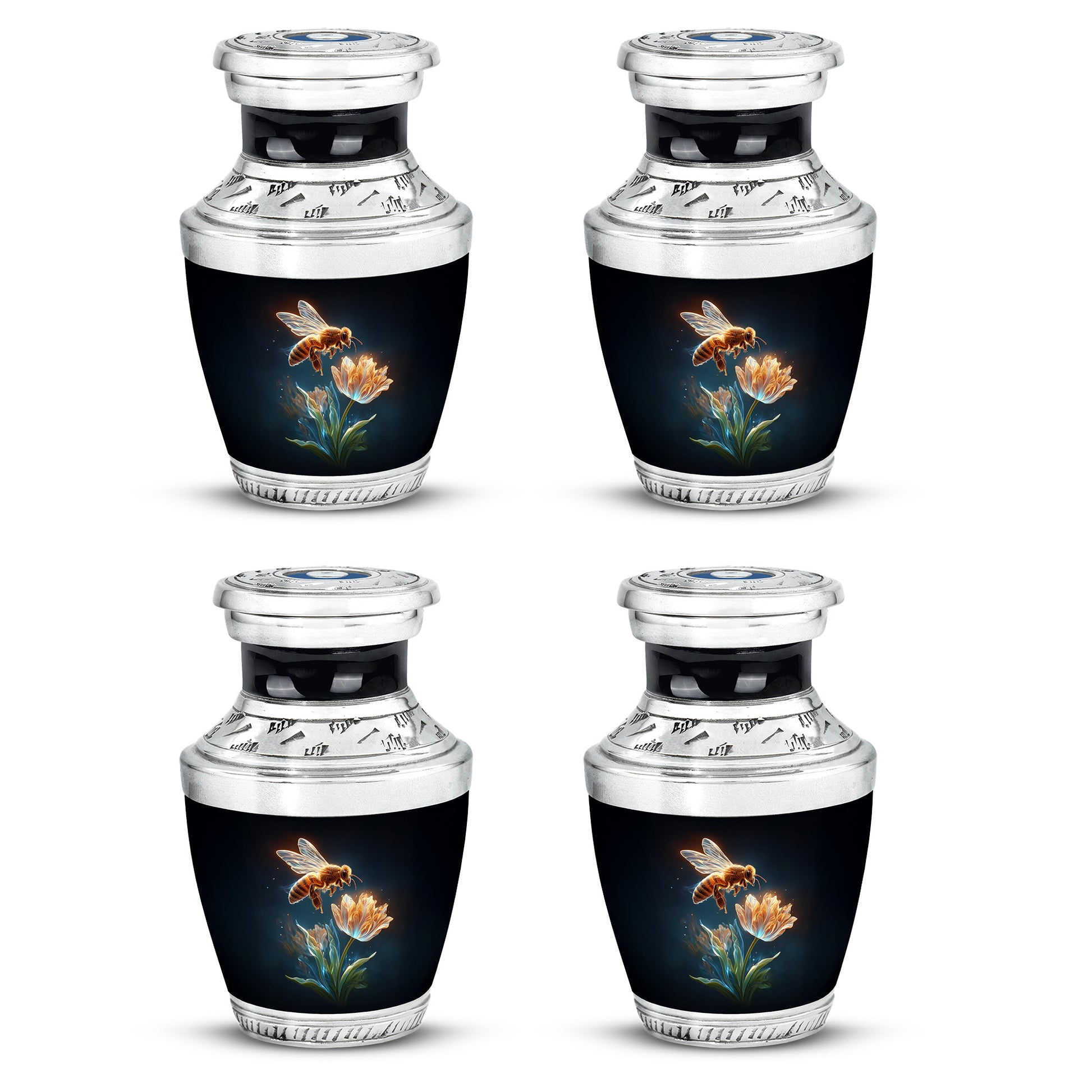 Rich Black Bee Cremation Urn back view with polished surface - contemporary bee design with modern artistic flair - 10 inch aluminum urn for cremated remains