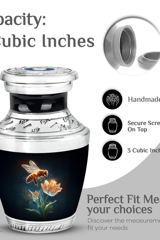 Ebony Bee Cremation Urn top-down view of secure threaded lid - modern art-inspired bee motif on sleek aluminum - mini keepsake memorial for portion of cremation ashes