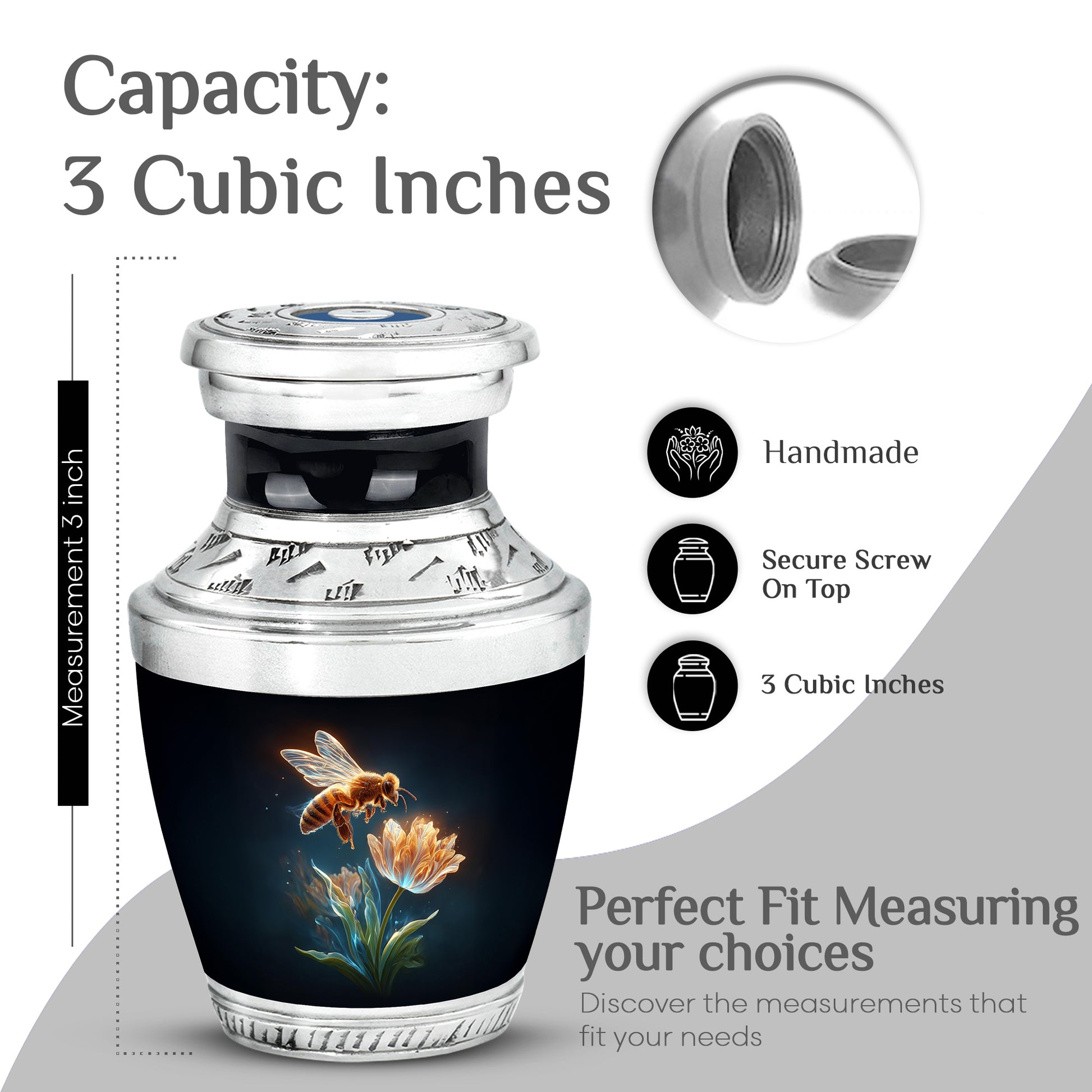 Ebony Bee Cremation Urn top-down view of secure threaded lid - modern art-inspired bee motif on sleek aluminum - mini keepsake memorial for portion of cremation ashes
