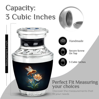 Ebony Bee Cremation Urn top-down view of secure threaded lid - modern art-inspired bee motif on sleek aluminum - mini keepsake memorial for portion of cremation ashes