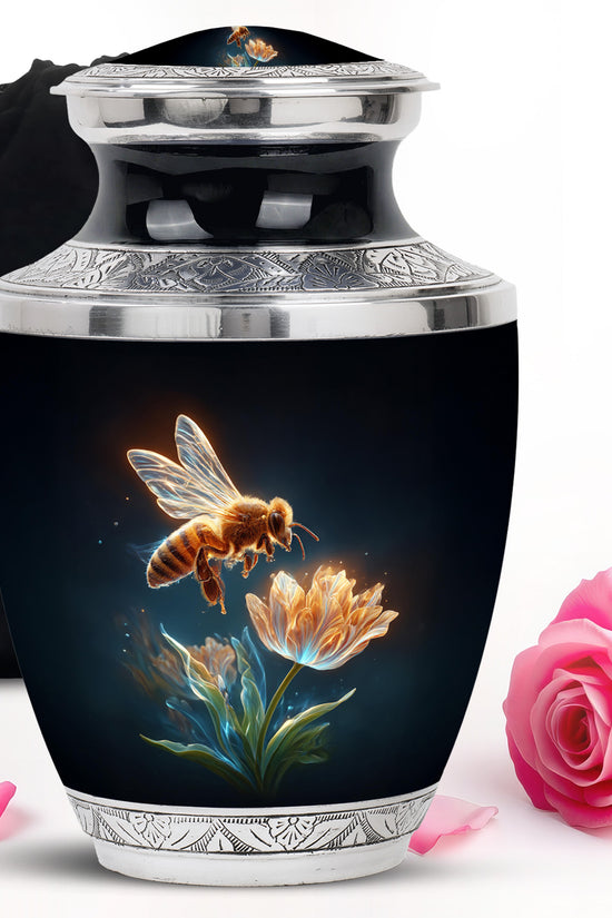 Onyx Black Bee Cremation Urn side profile showing urn shape - artistic bee interpretation with creative detail - full-size 10 inch 200 cubic inch adult cremation urn