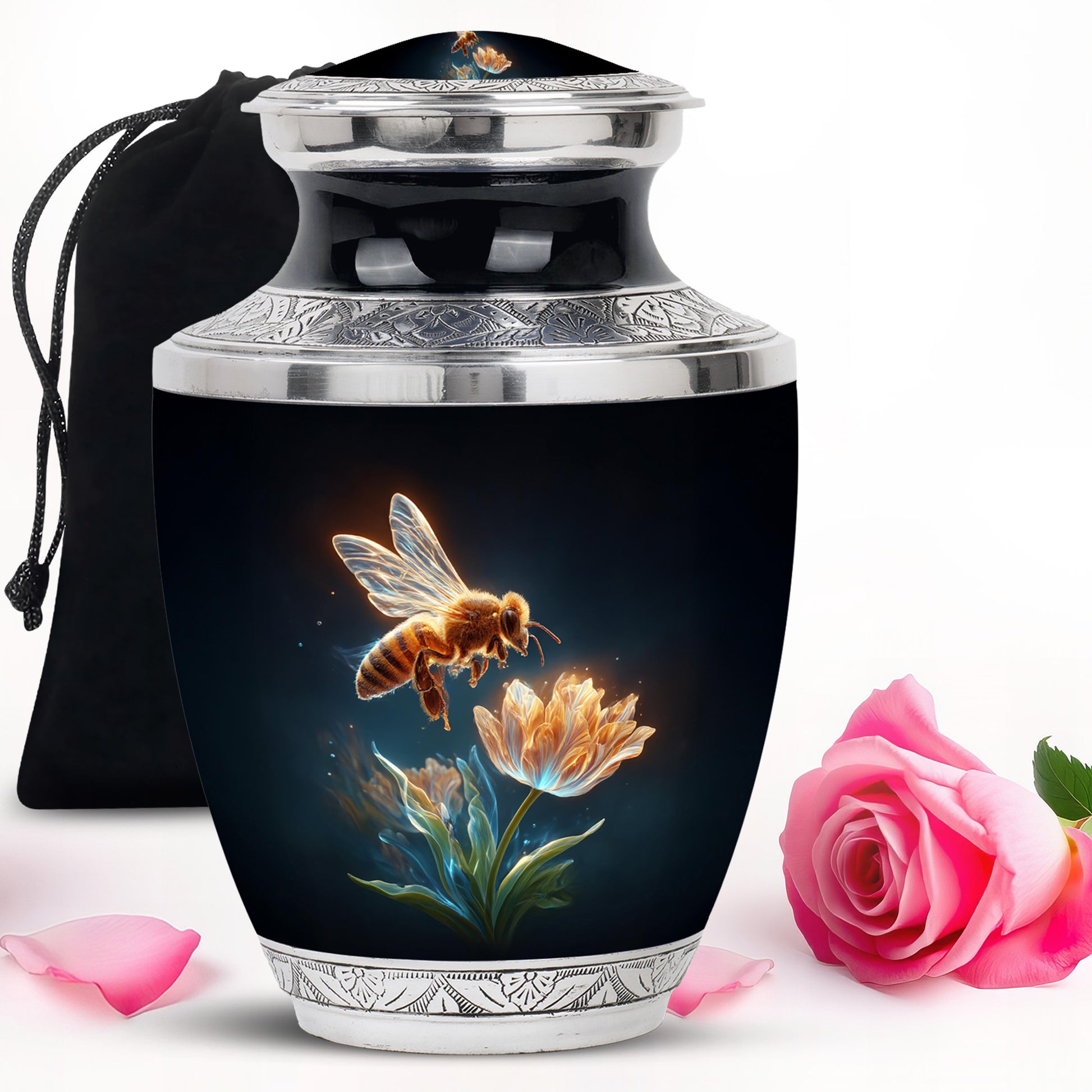 Onyx Black Bee Cremation Urn side profile showing urn shape - artistic bee interpretation with creative detail - full-size 10 inch 200 cubic inch adult cremation urn