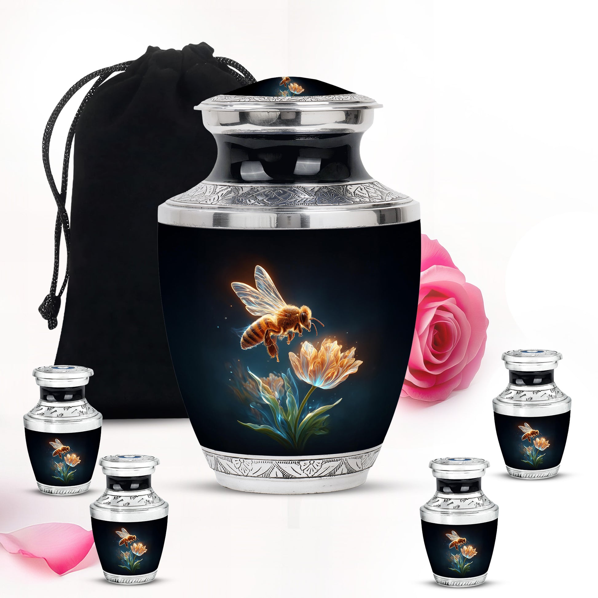 Jet Black Bee Cremation Urn lifestyle display on memorial shelf - modern art-inspired bee motif on sleek aluminum - memorial set with one large and four small urns