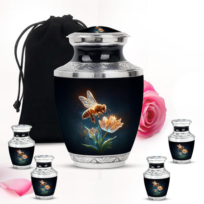 Jet Black Bee Cremation Urn lifestyle display on memorial shelf - modern art-inspired bee motif on sleek aluminum - memorial set with one large and four small urns