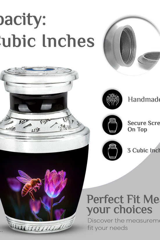 Midnight Black Bee Cremation Urn top-down view of secure threaded lid - artistic bee interpretation with creative detail - mini keepsake memorial for portion of cremation ashes
