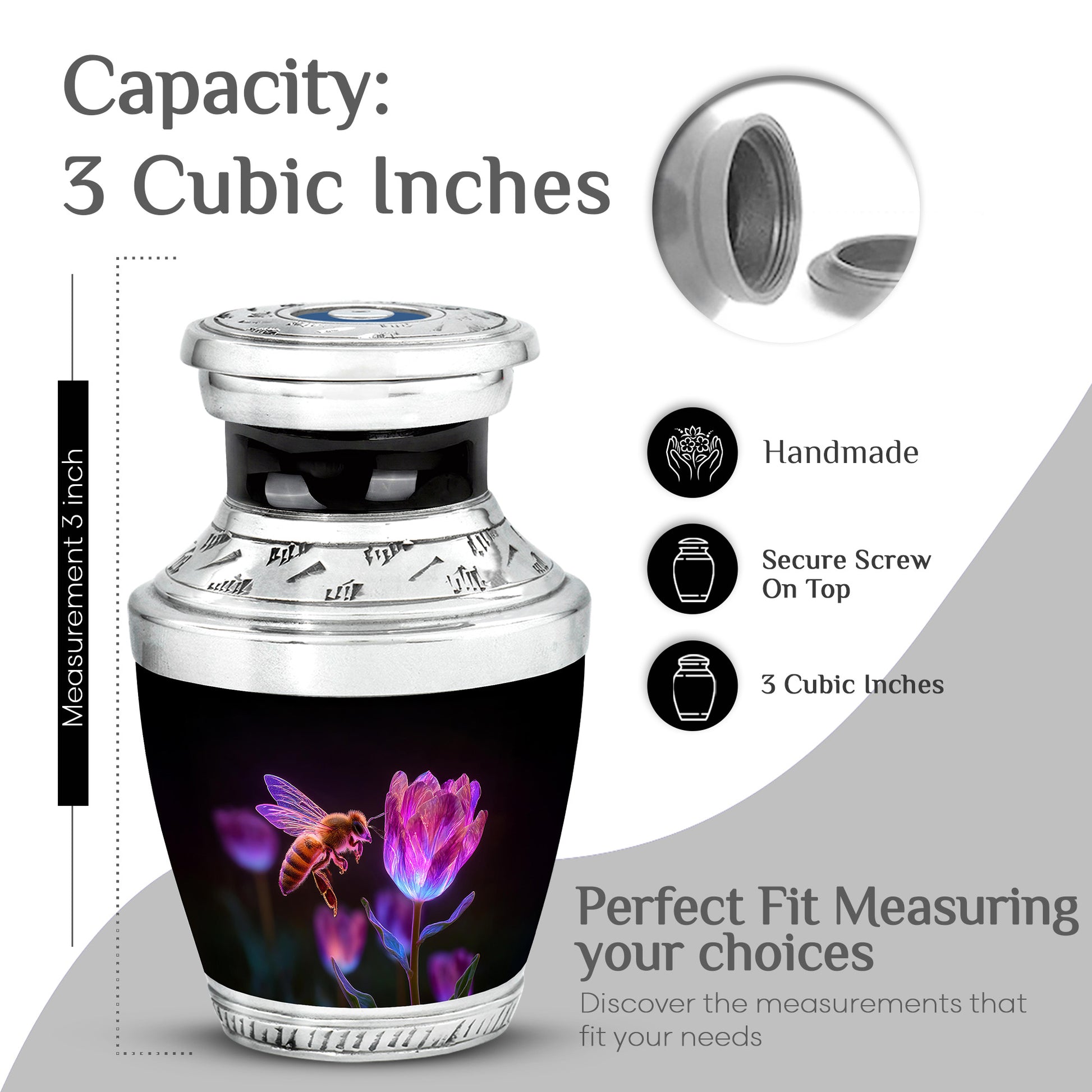 Midnight Black Bee Cremation Urn top-down view of secure threaded lid - artistic bee interpretation with creative detail - mini keepsake memorial for portion of cremation ashes