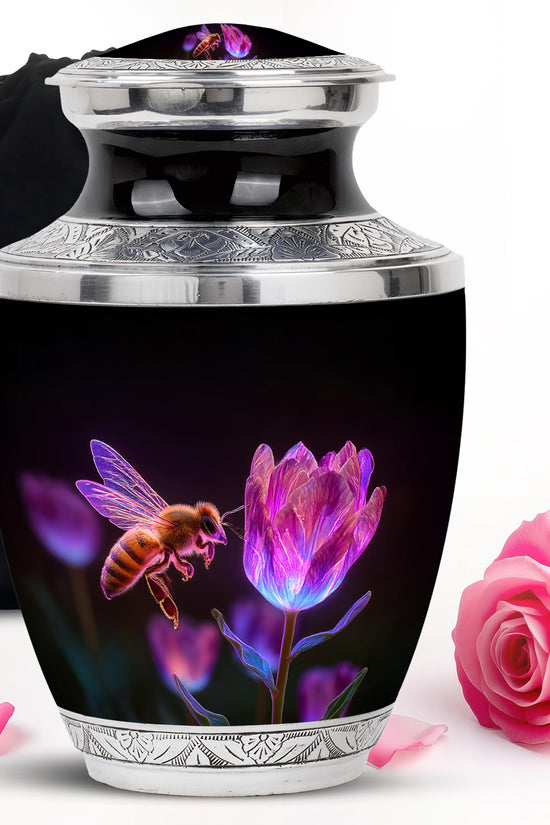 Midnight Black Bee Cremation Urn side profile showing urn shape - artistic bee interpretation with creative detail - full-size 10 inch 200 cubic inch adult cremation urn