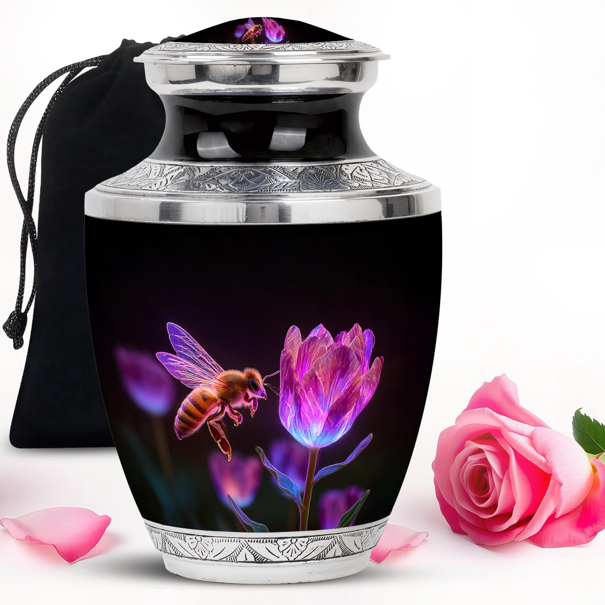 Midnight Black Bee Cremation Urn side profile showing urn shape - artistic bee interpretation with creative detail - full-size 10 inch 200 cubic inch adult cremation urn