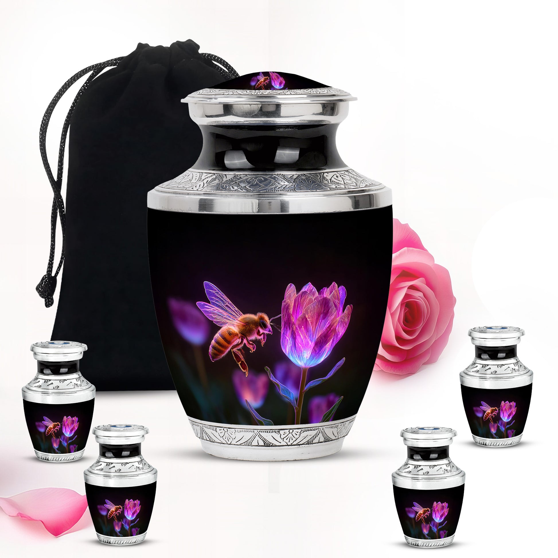 Rich Black Bee Cremation Urn lifestyle display on memorial shelf - modern art-inspired bee motif on sleek aluminum - memorial set with one large and four small urns