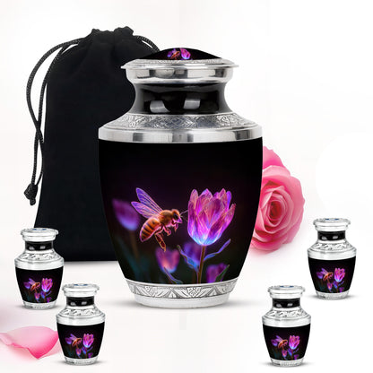 Rich Black Bee Cremation Urn lifestyle display on memorial shelf - modern art-inspired bee motif on sleek aluminum - memorial set with one large and four small urns
