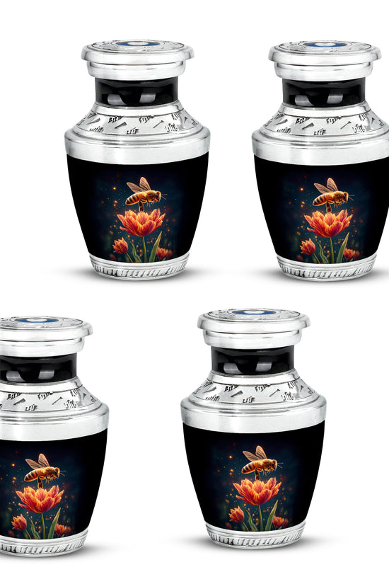 Midnight Black Bee Cremation Urn back view with polished surface - stylized abstract bee pattern with bold lines - 10 inch aluminum urn for cremated remains