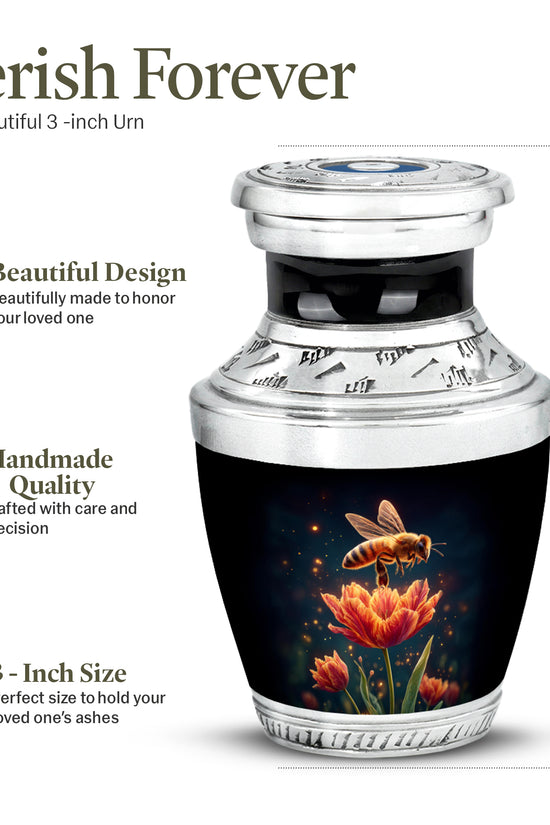 Deep Black Bee Cremation Urn top-down view of secure threaded lid - contemporary bee design with modern artistic flair - mini keepsake memorial for portion of cremation ashes
