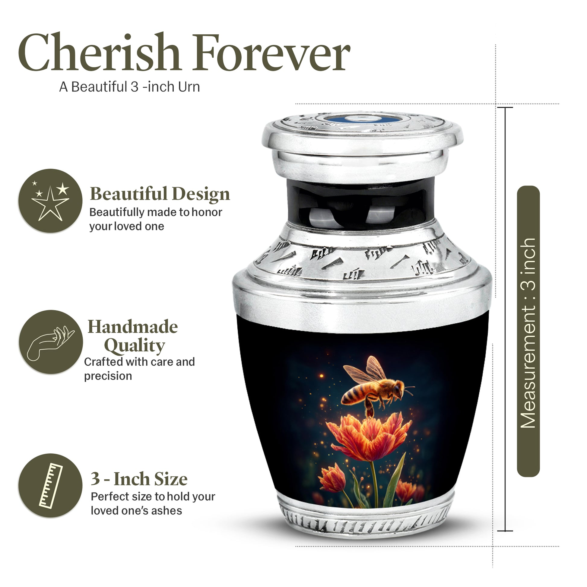 Deep Black Bee Cremation Urn top-down view of secure threaded lid - contemporary bee design with modern artistic flair - mini keepsake memorial for portion of cremation ashes
