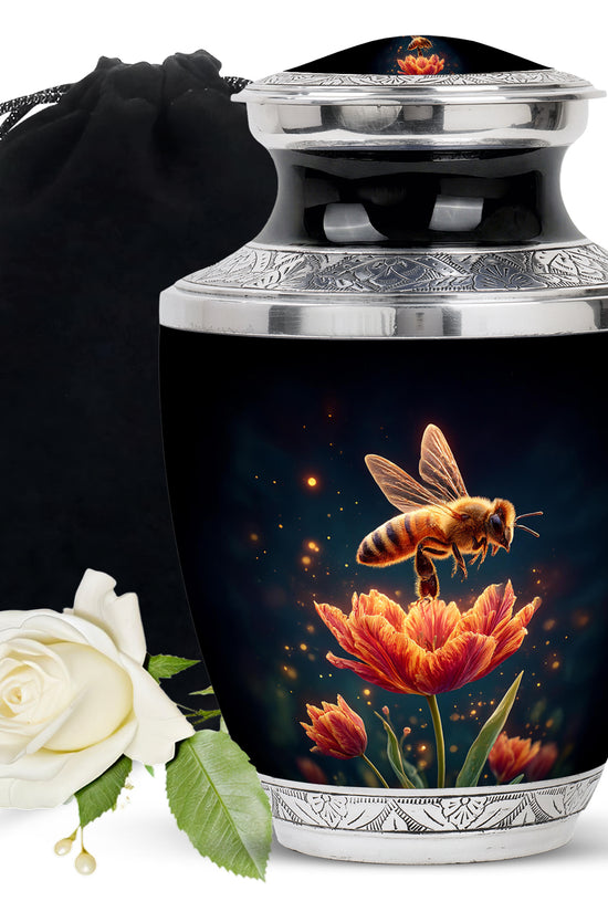 Charcoal Black Bee Cremation Urn side profile showing urn shape - stylized abstract bee pattern with bold lines - full-size 10 inch 200 cubic inch adult cremation urn