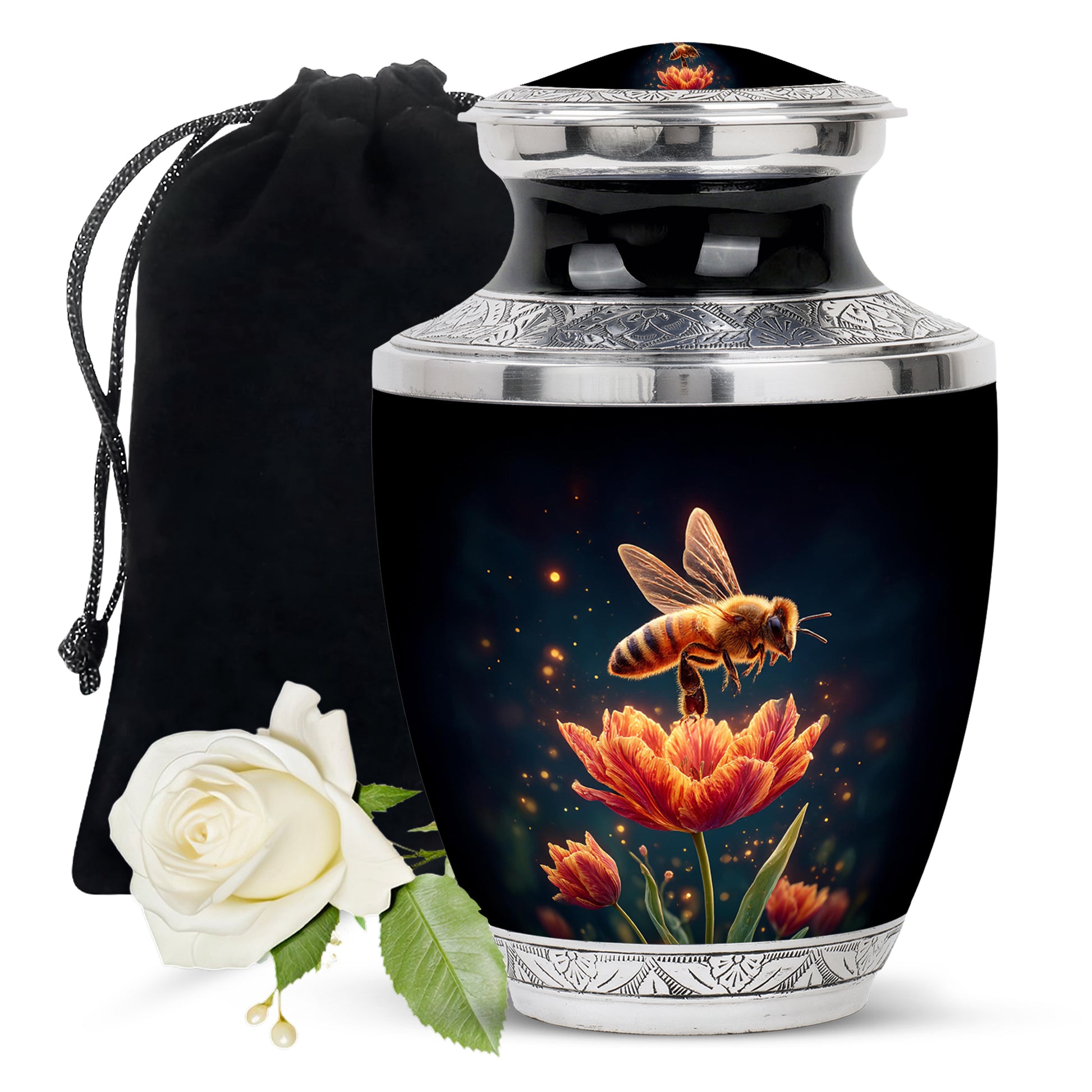 Charcoal Black Bee Cremation Urn side profile showing urn shape - stylized abstract bee pattern with bold lines - full-size 10 inch 200 cubic inch adult cremation urn