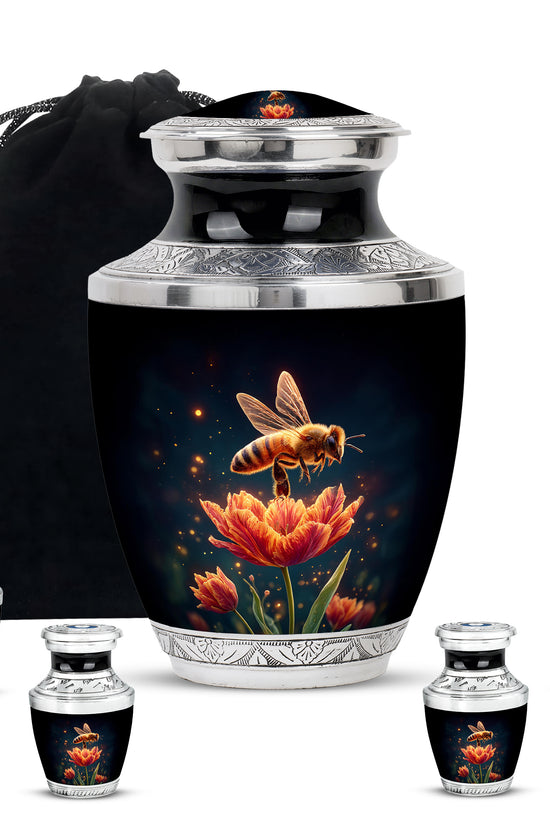 Glossy Black Bee Cremation Urn lifestyle display on memorial shelf - contemporary bee design with modern artistic flair - memorial set with one large and four small urns