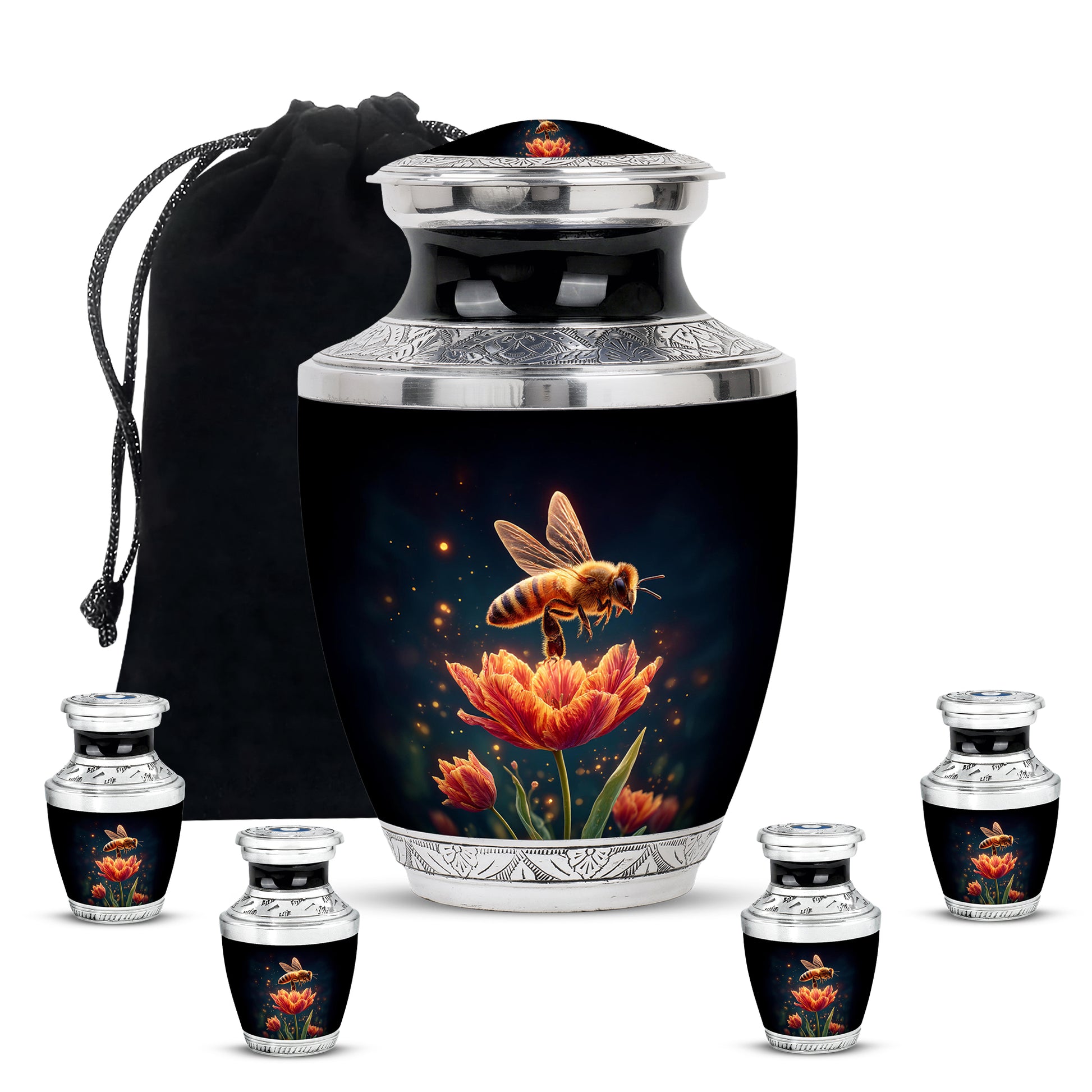 Glossy Black Bee Cremation Urn lifestyle display on memorial shelf - contemporary bee design with modern artistic flair - memorial set with one large and four small urns