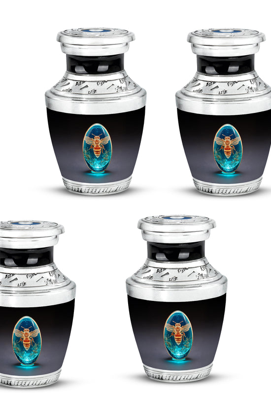 Deep Black Bee Cremation Urn back view with polished surface - modern art-inspired bee motif on sleek aluminum - 10 inch aluminum urn for cremated remains