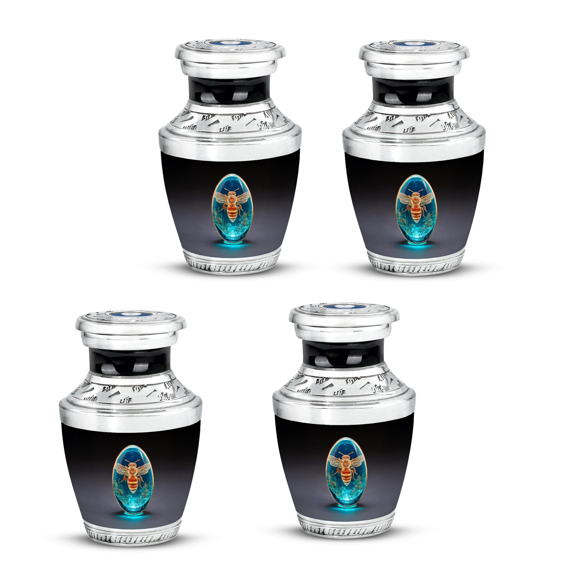 Deep Black Bee Cremation Urn back view with polished surface - modern art-inspired bee motif on sleek aluminum - 10 inch aluminum urn for cremated remains