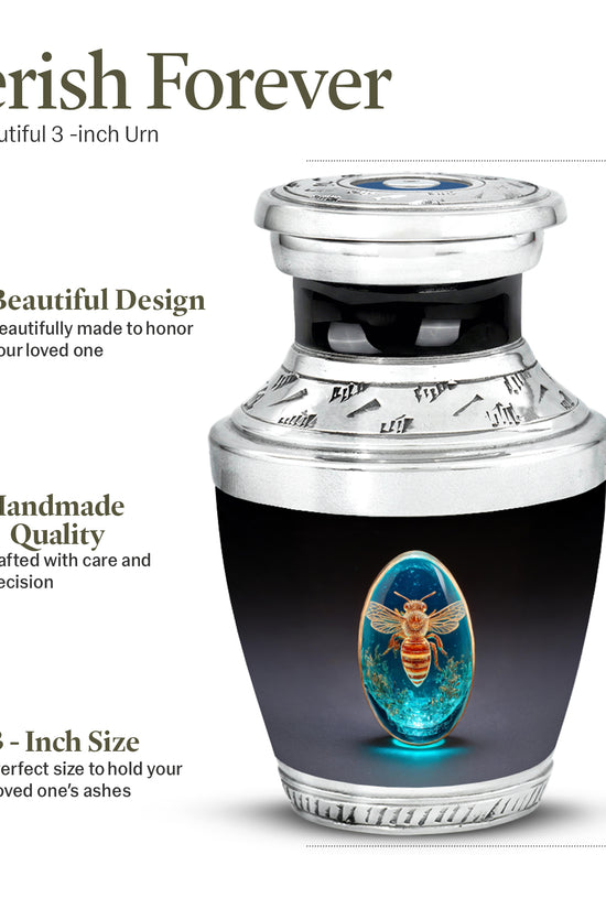 Jet Black Bee Cremation Urn top-down view of secure threaded lid - modern art-inspired bee motif on sleek aluminum - mini keepsake memorial for portion of cremation ashes