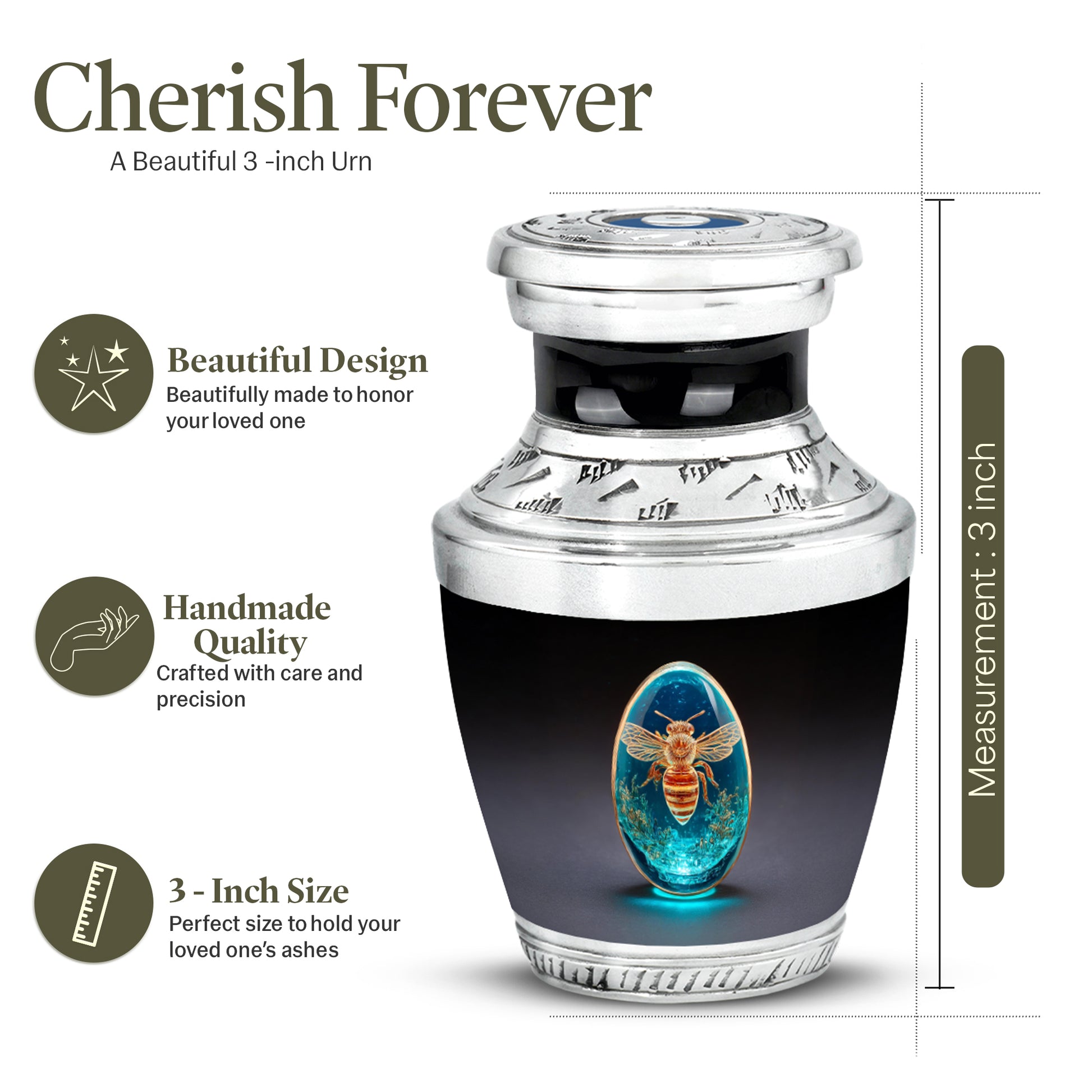 Jet Black Bee Cremation Urn top-down view of secure threaded lid - modern art-inspired bee motif on sleek aluminum - mini keepsake memorial for portion of cremation ashes
