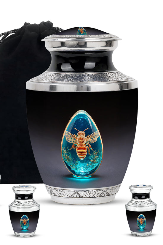 Deep Black Bee Cremation Urn lifestyle display on memorial shelf - contemporary bee design with modern artistic flair - memorial set with one large and four small urns