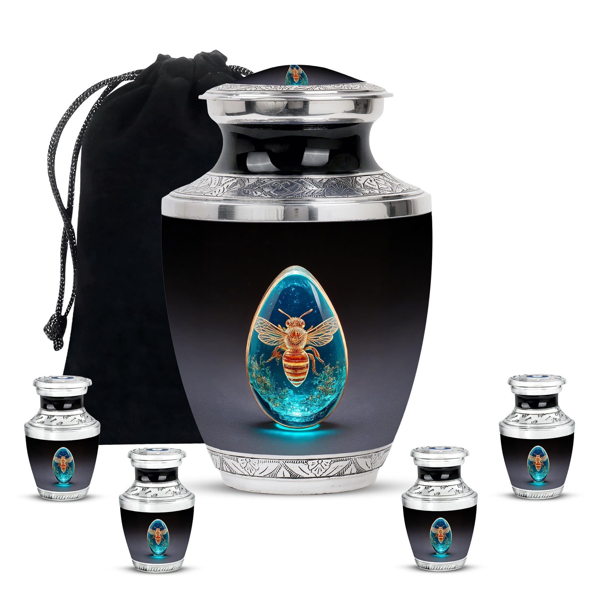Deep Black Bee Cremation Urn lifestyle display on memorial shelf - contemporary bee design with modern artistic flair - memorial set with one large and four small urns